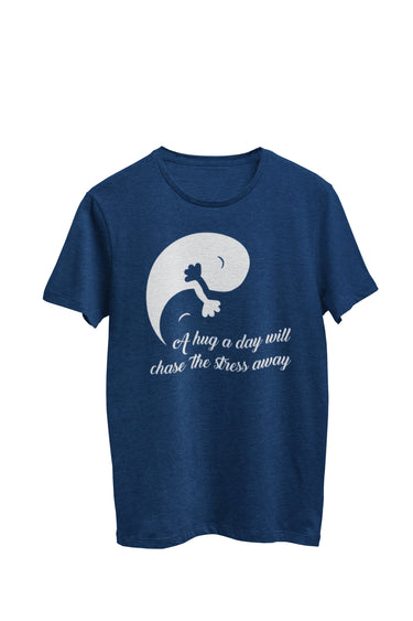 Navy heather unisex t-shirt featuring the text 'A hug a day will chase the stress away'. Designed by WooHoo Apparel.